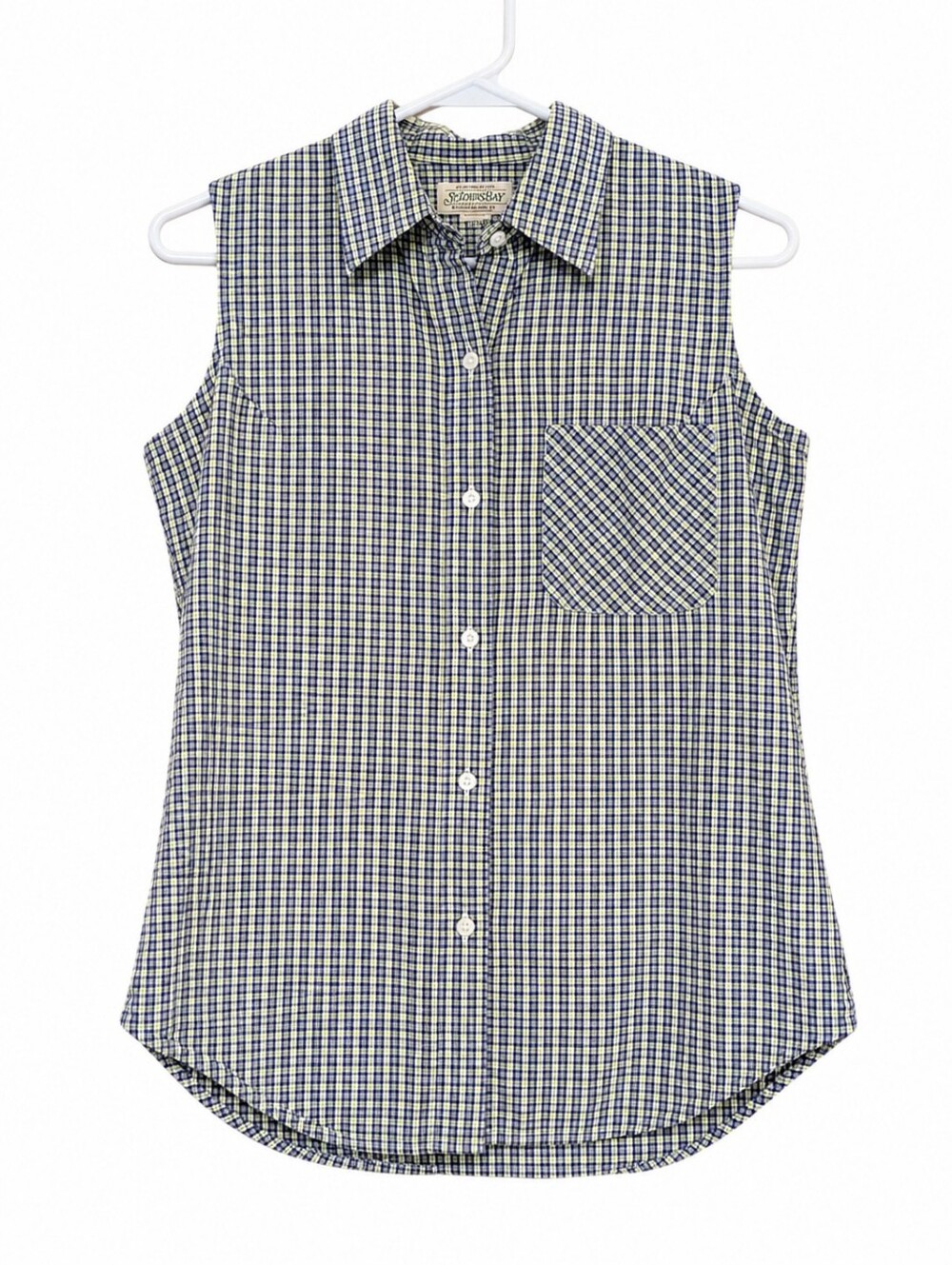 Sleeveless Button-Plaid Shirt - Blue/Green/White
